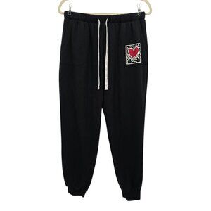Keith Haring Womens Small Pants Sweatpants Joggers Black Holding Heart Love